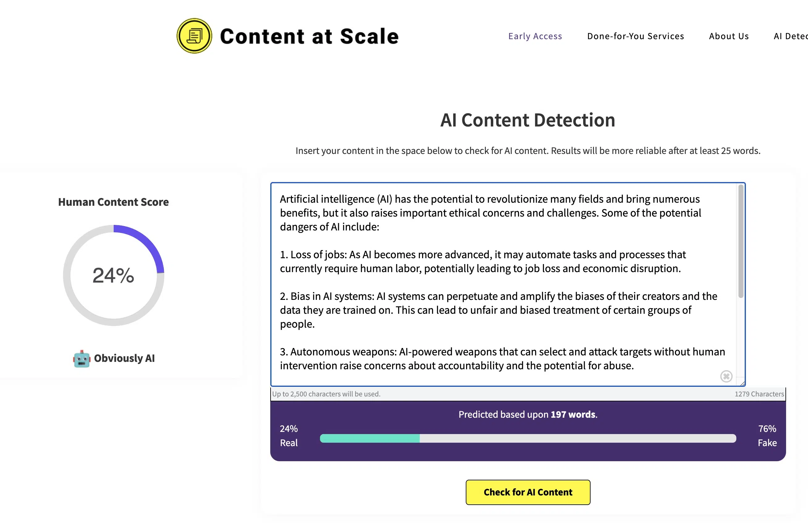 Archival screenshot of the former Content at Scale interface with a Human Content Score