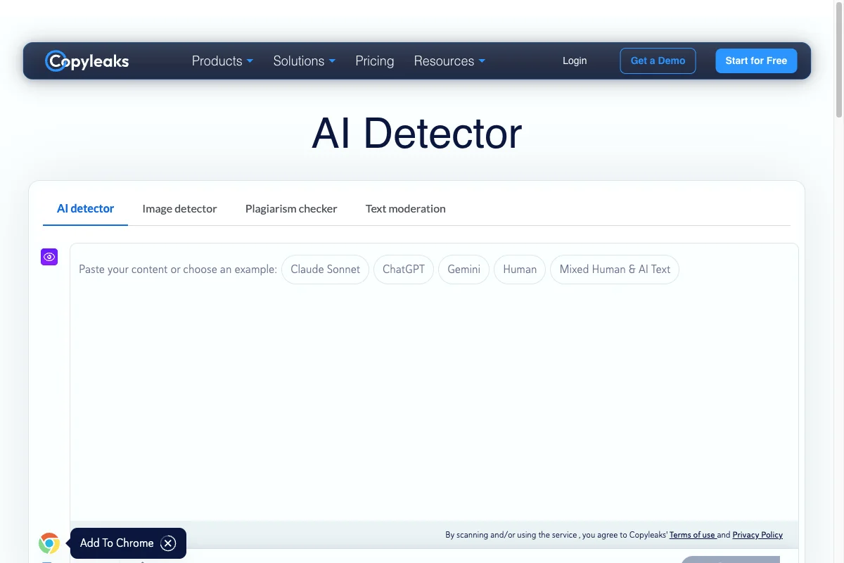 Copyleaks web interface with an empty AI detector field and separate tabs for other checks