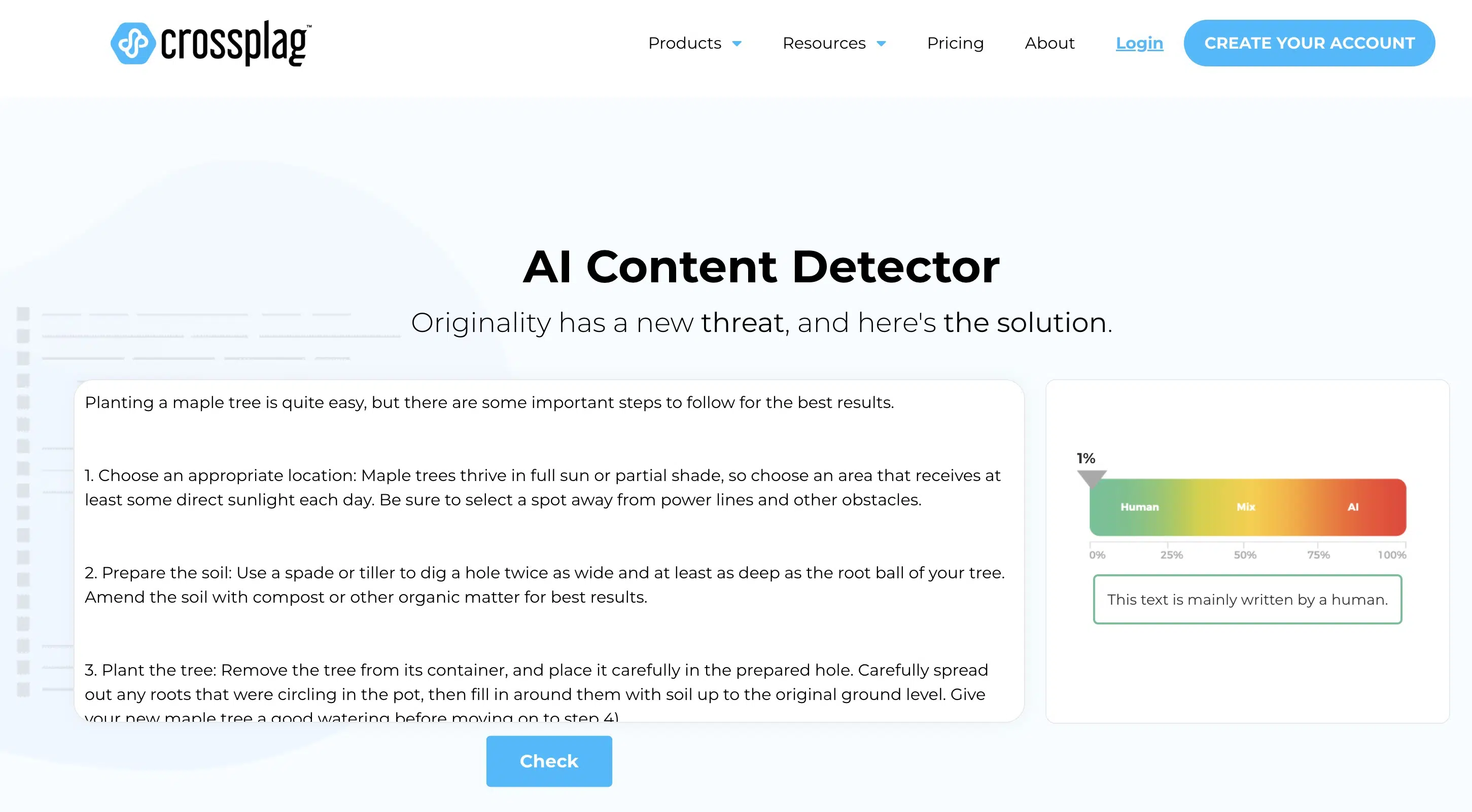 Archival screenshot of the former Crossplag AI Content Detector with text input and result area