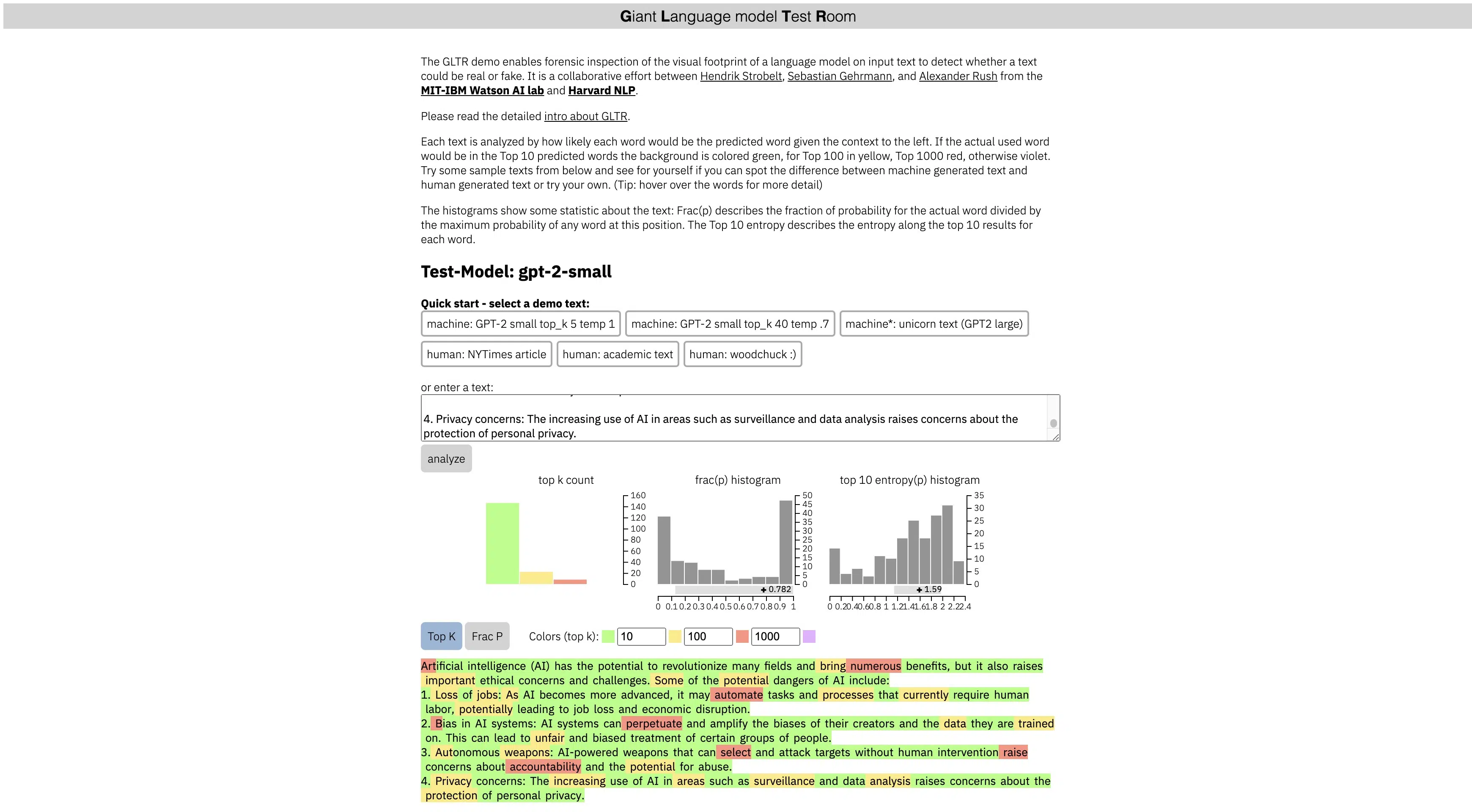 Archival screenshot of GLTR with three histograms and English text colored by word probability