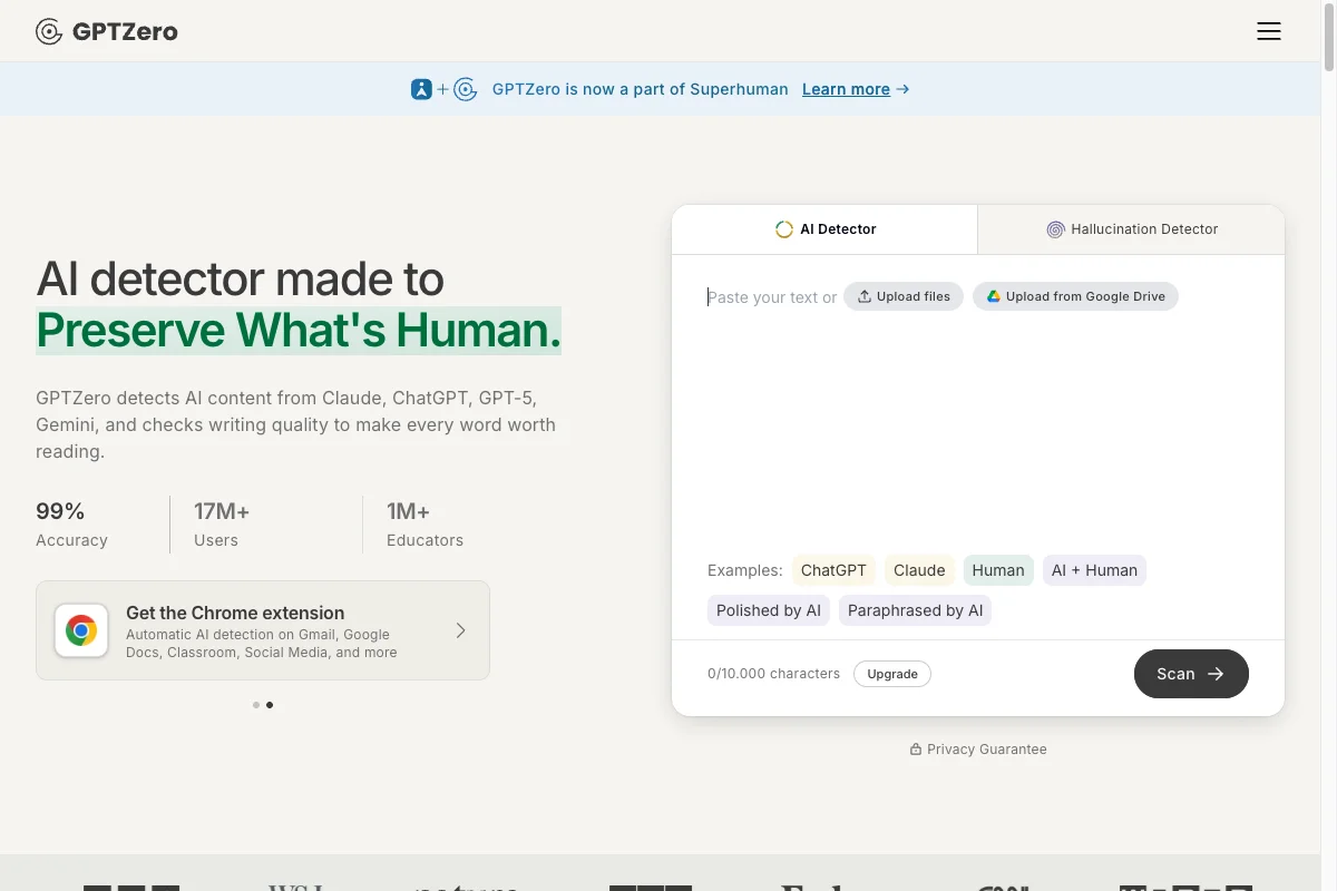 GPTZero’s public interface with an empty text field and examples for different text types