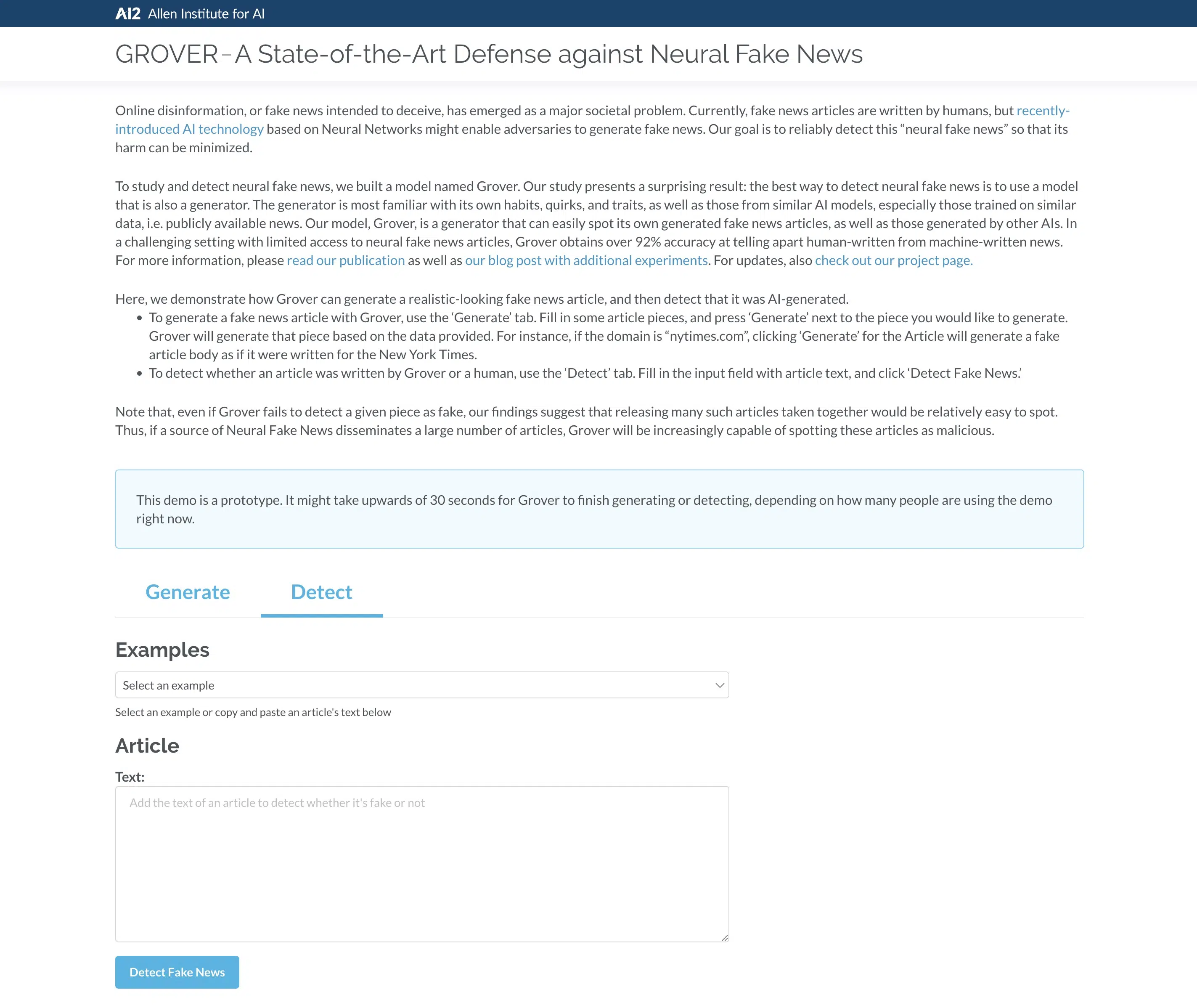Archival screenshot of the Grover research demo with an empty Detect input field
