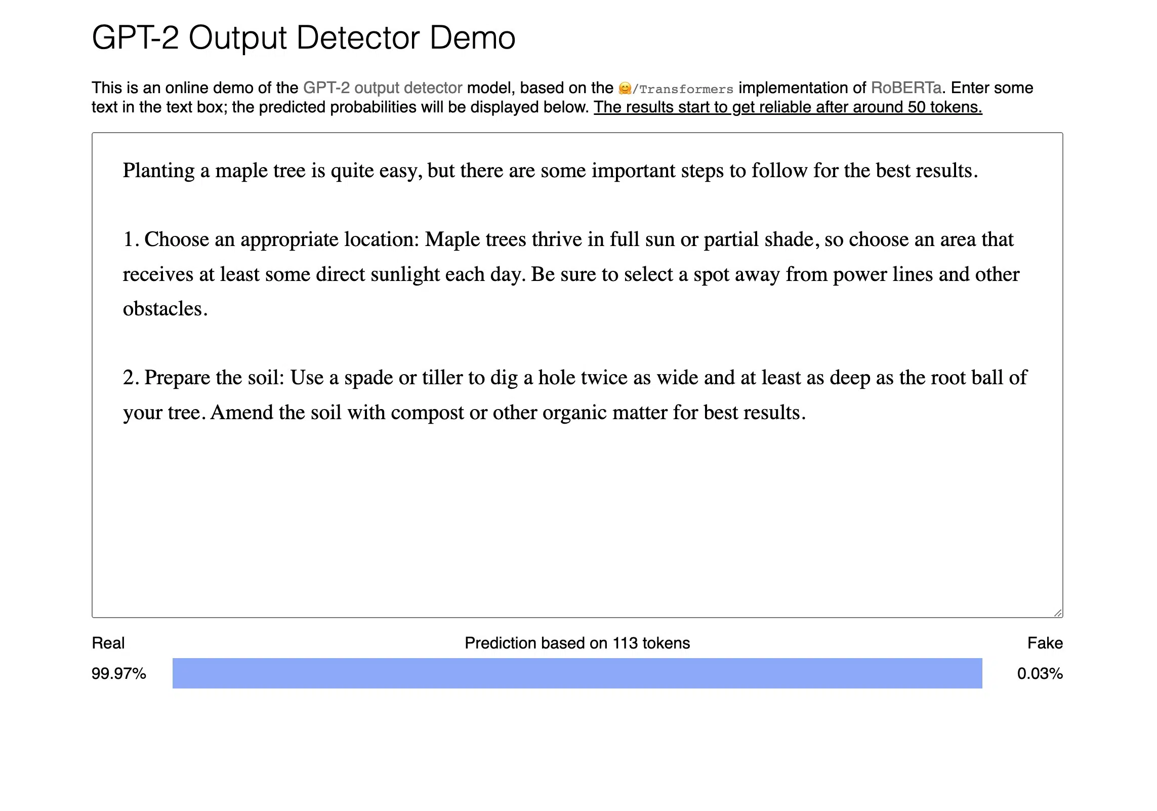 Archival screenshot of the GPT-2 Output Detector demo with a Real-Fake bar
