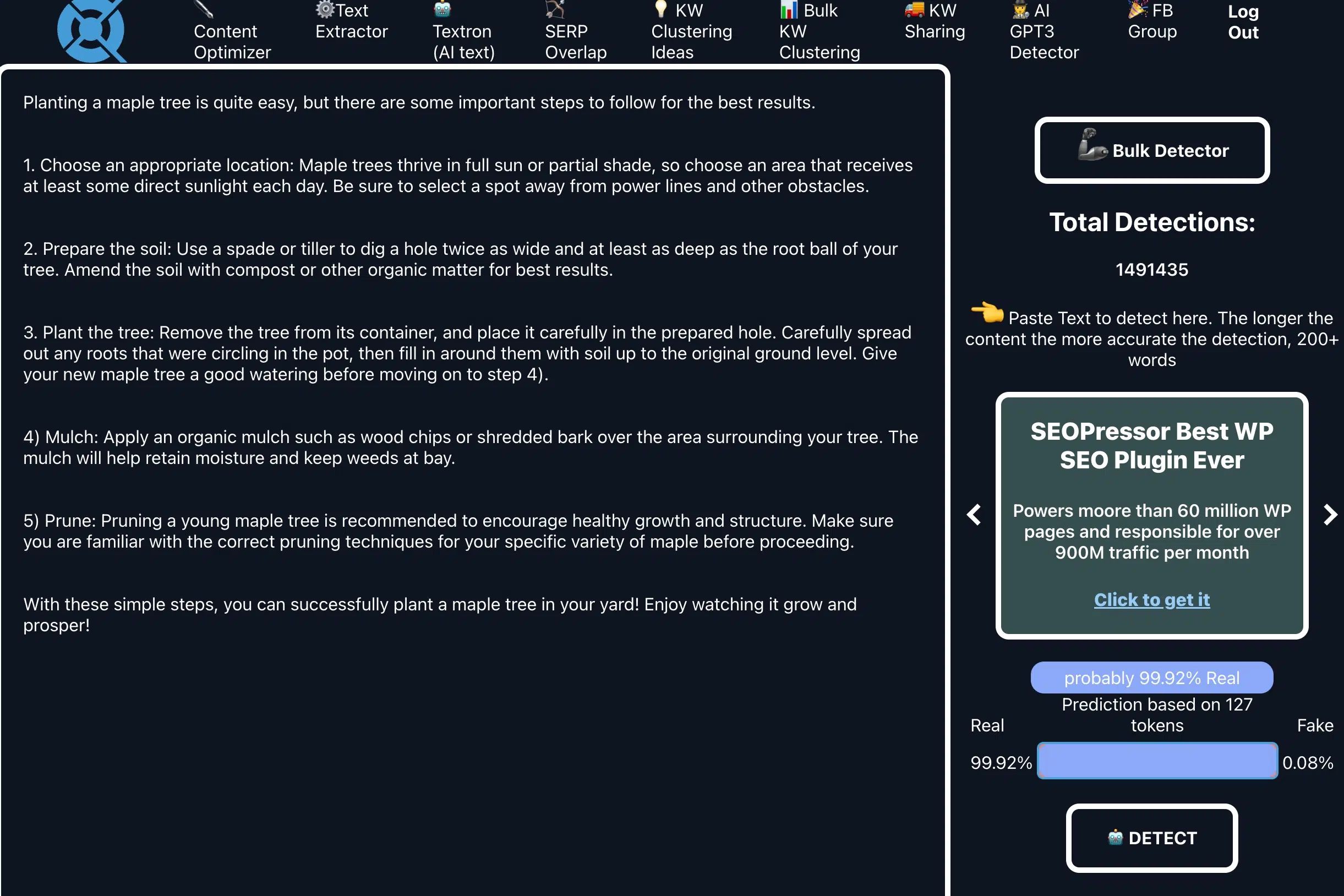 Archival screenshot of the former Kazan SEO detector with text input and a Real-Fake display