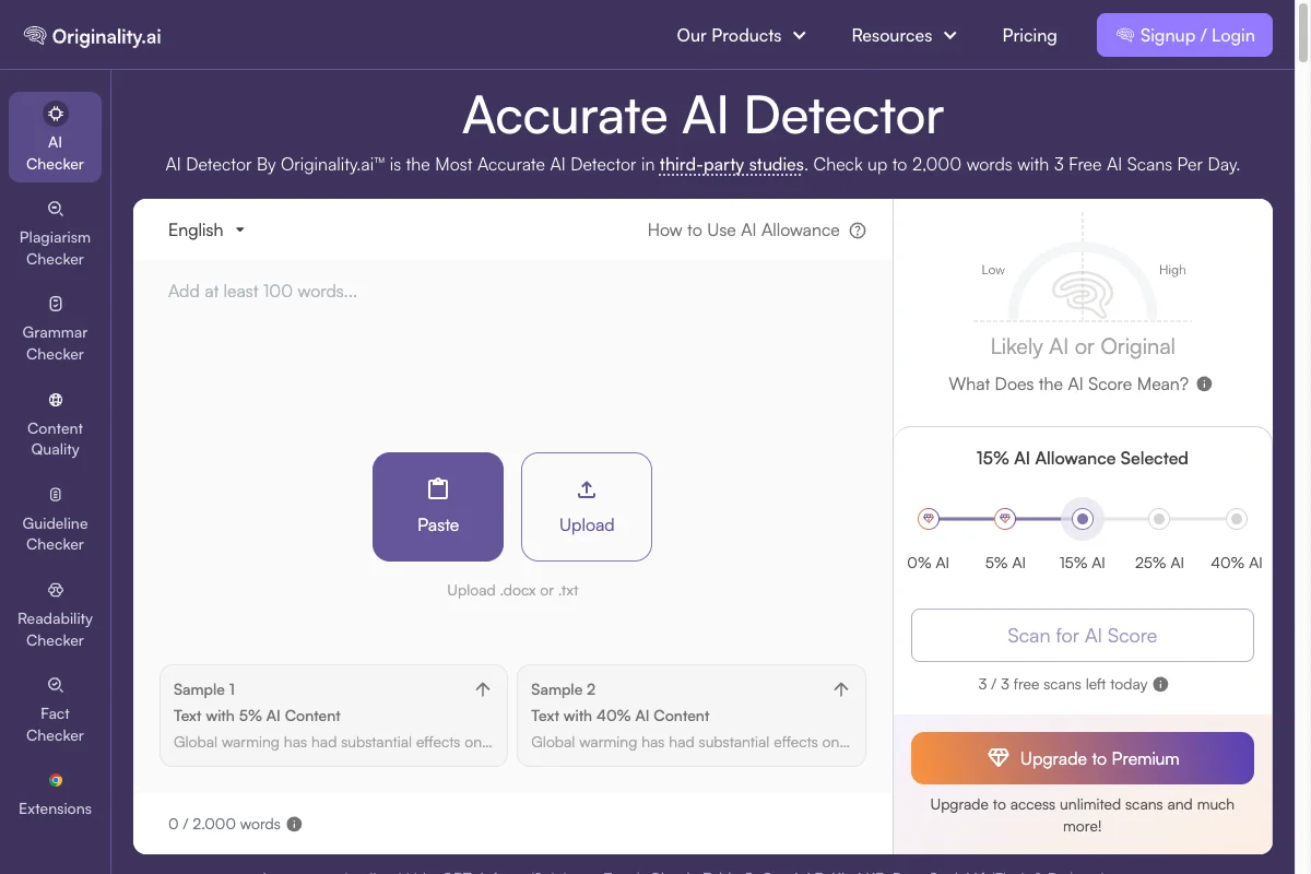 Originality.ai’s public checker with an empty text field and three available free scans