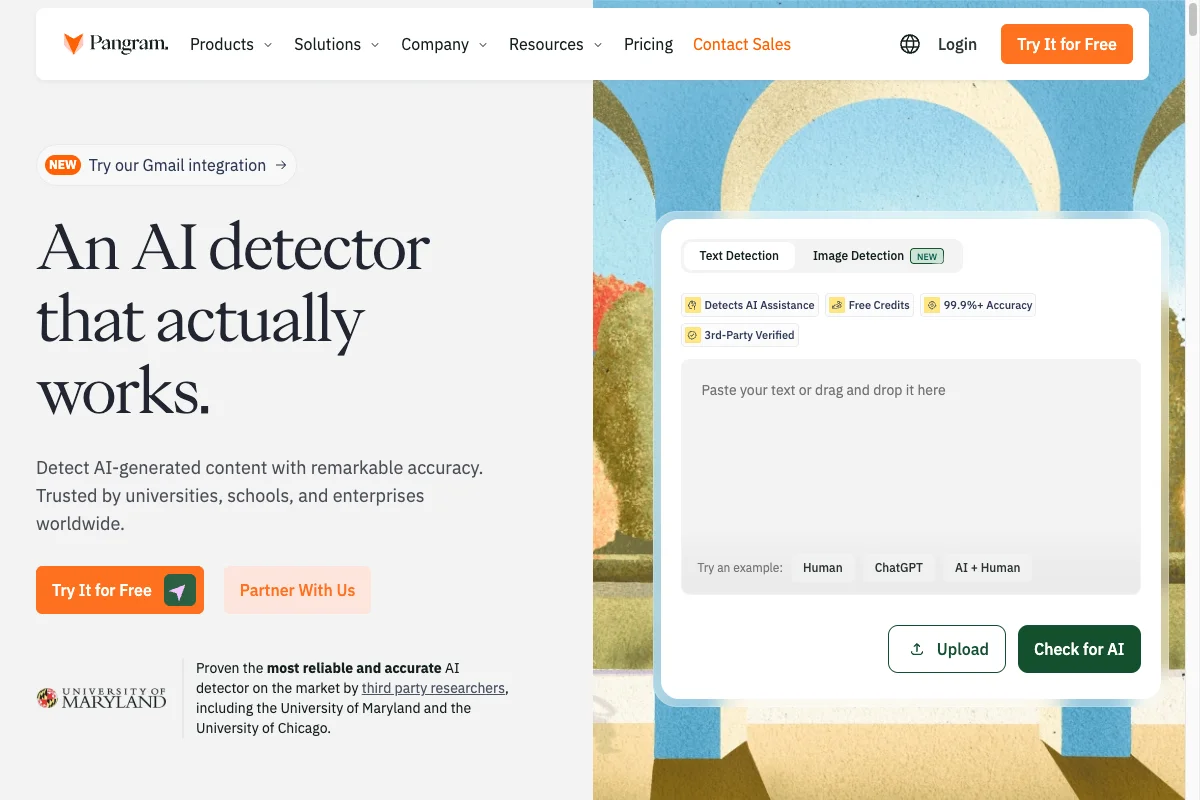 Pangram’s public interface with an empty text field and an image-detection switch