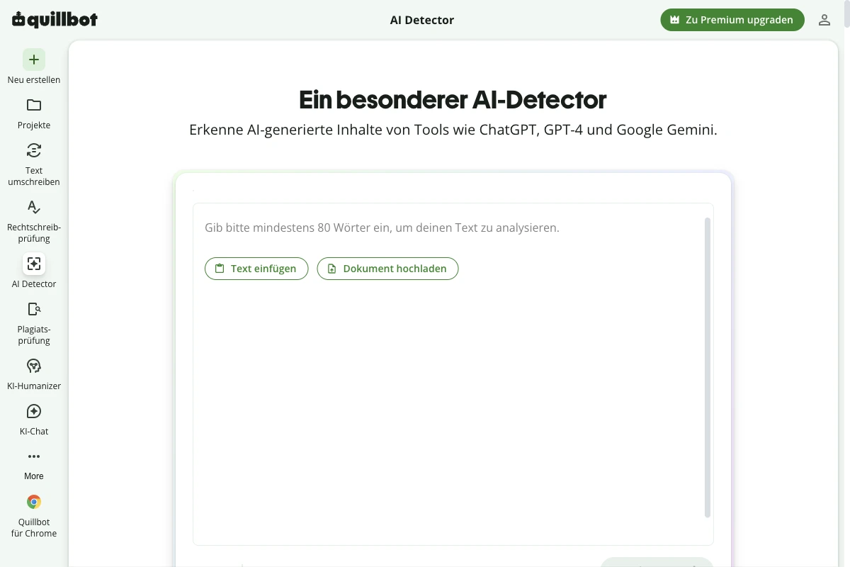 QuillBots KI-Detektor mit Texteingabe und Schaltfläche zur Analyse