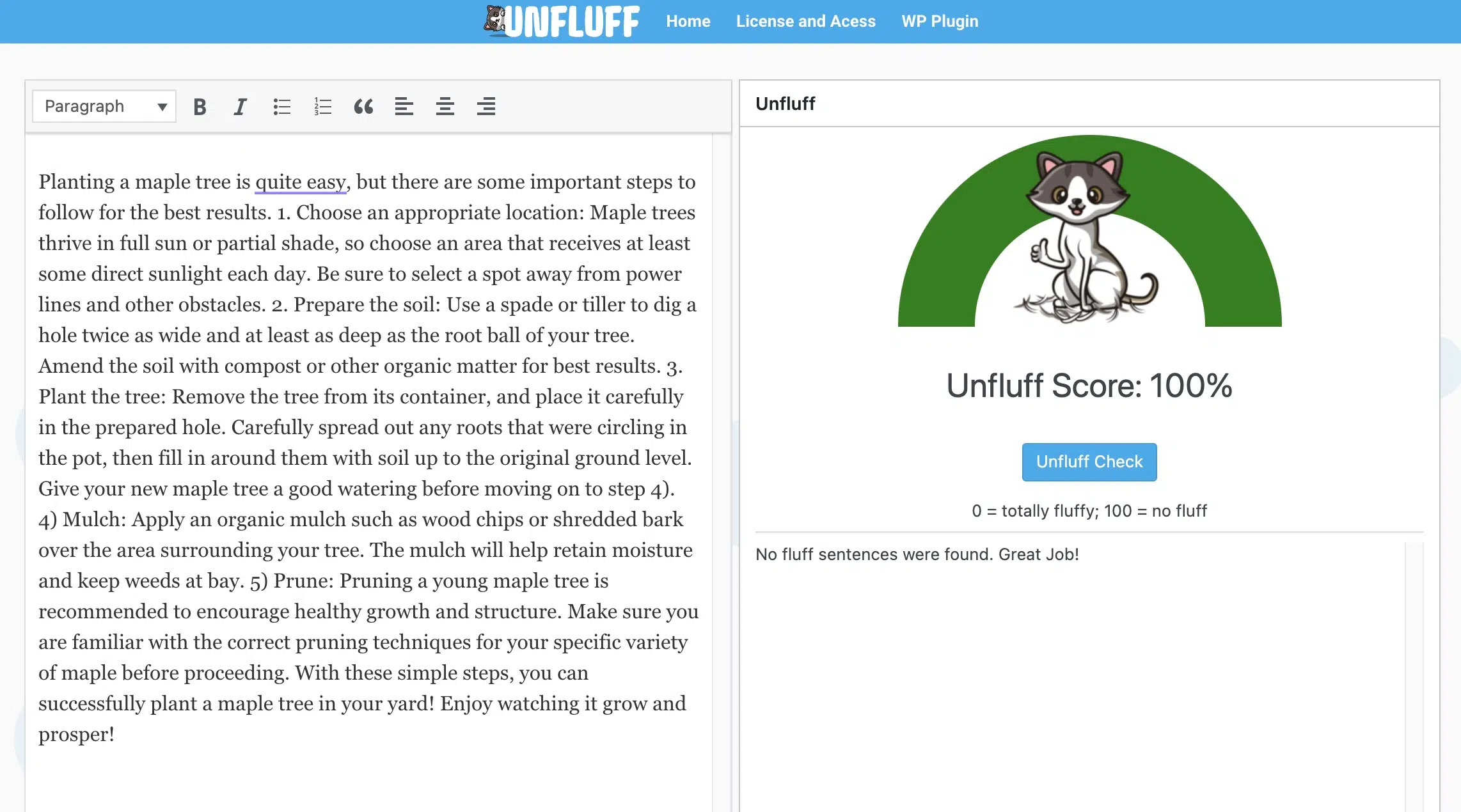 Archival screenshot of Unfluff with text input and an Unfluff Score