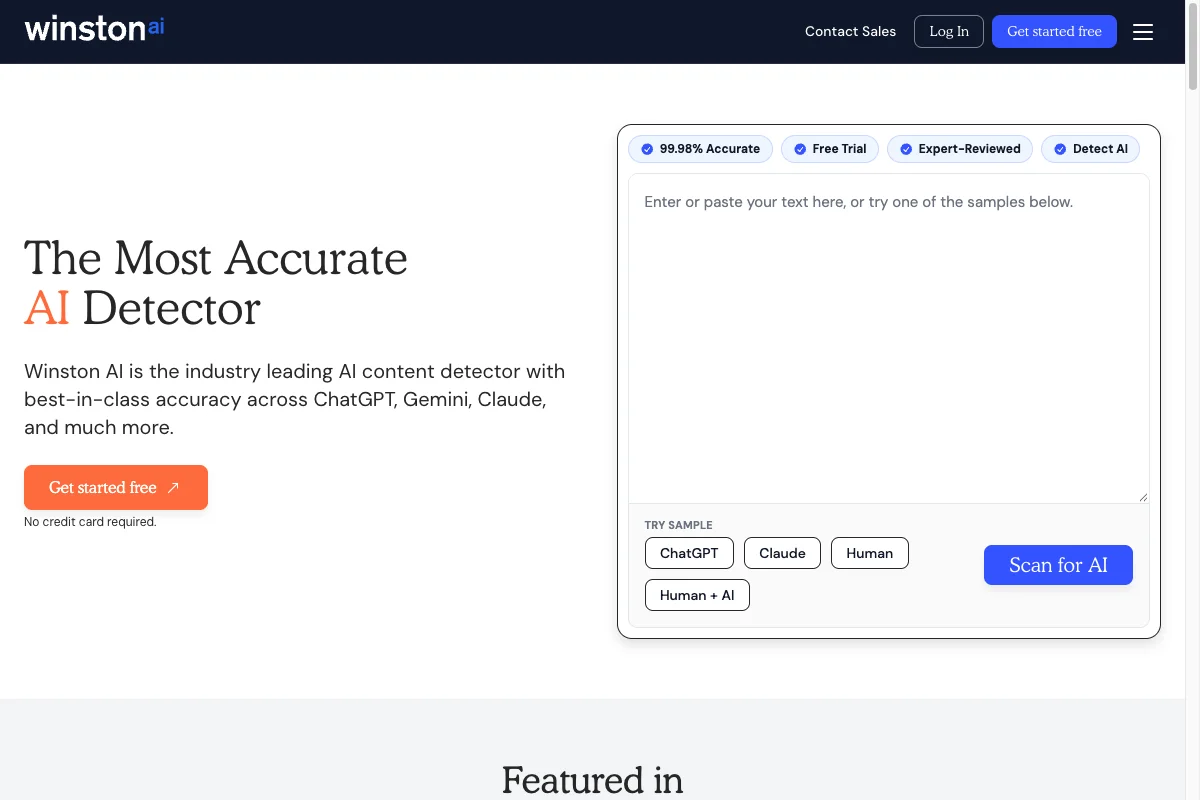 Winston AI product page with an empty detector field and provider marketing