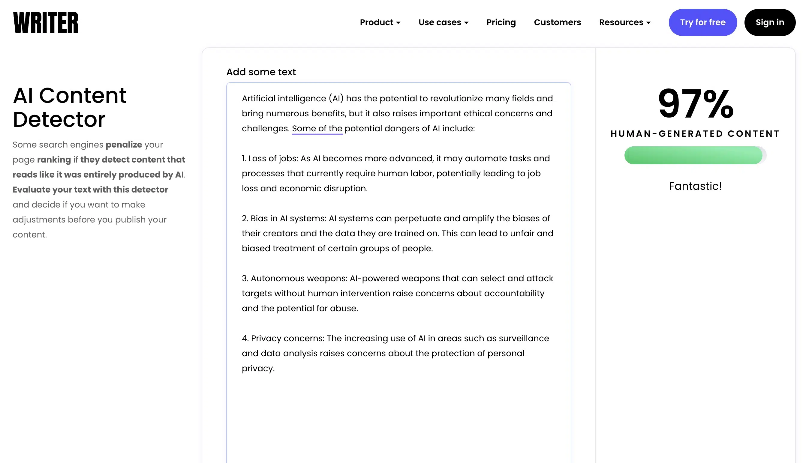 Archival screenshot of the former Writer AI Content Detector, not a current product interface