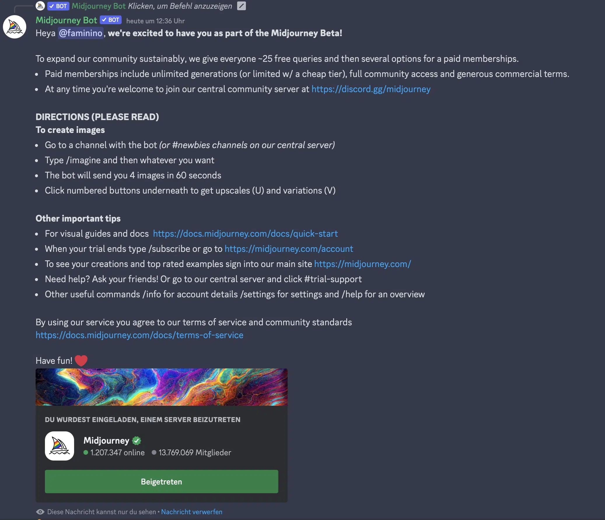 Midjourney Willkommensnachricht im Discord-Chat