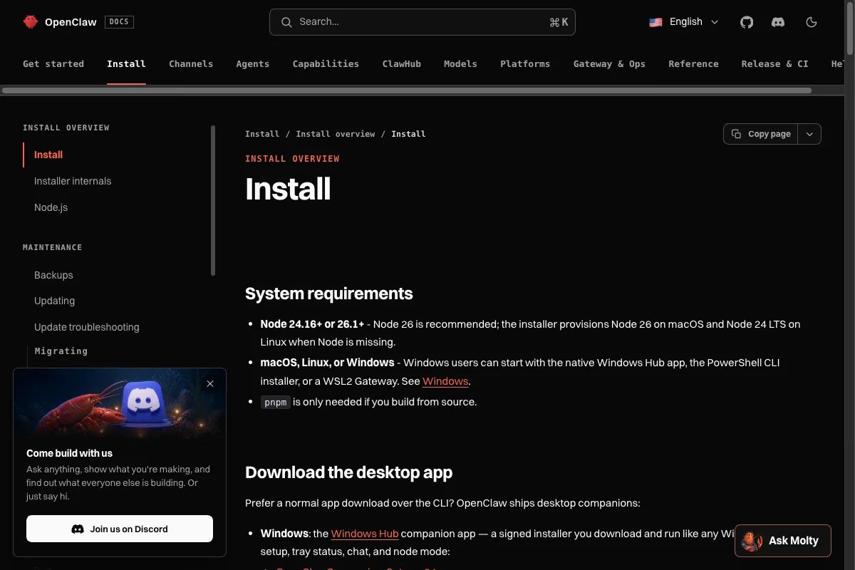 Offizielle OpenClaw-Dokumentation mit Systemvoraussetzungen und Desktop-Download