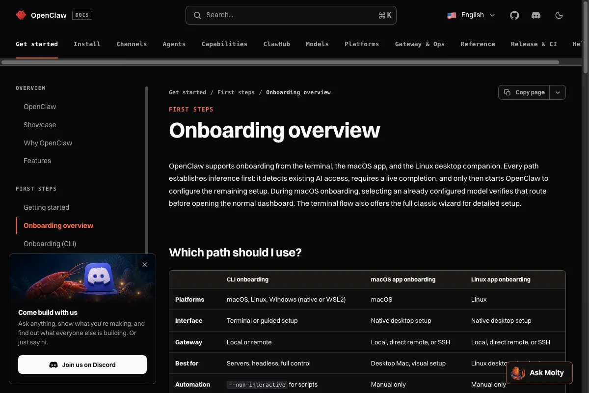 Offizielle OpenClaw-Onboarding-Übersicht mit Plattformen und Einrichtungswegen