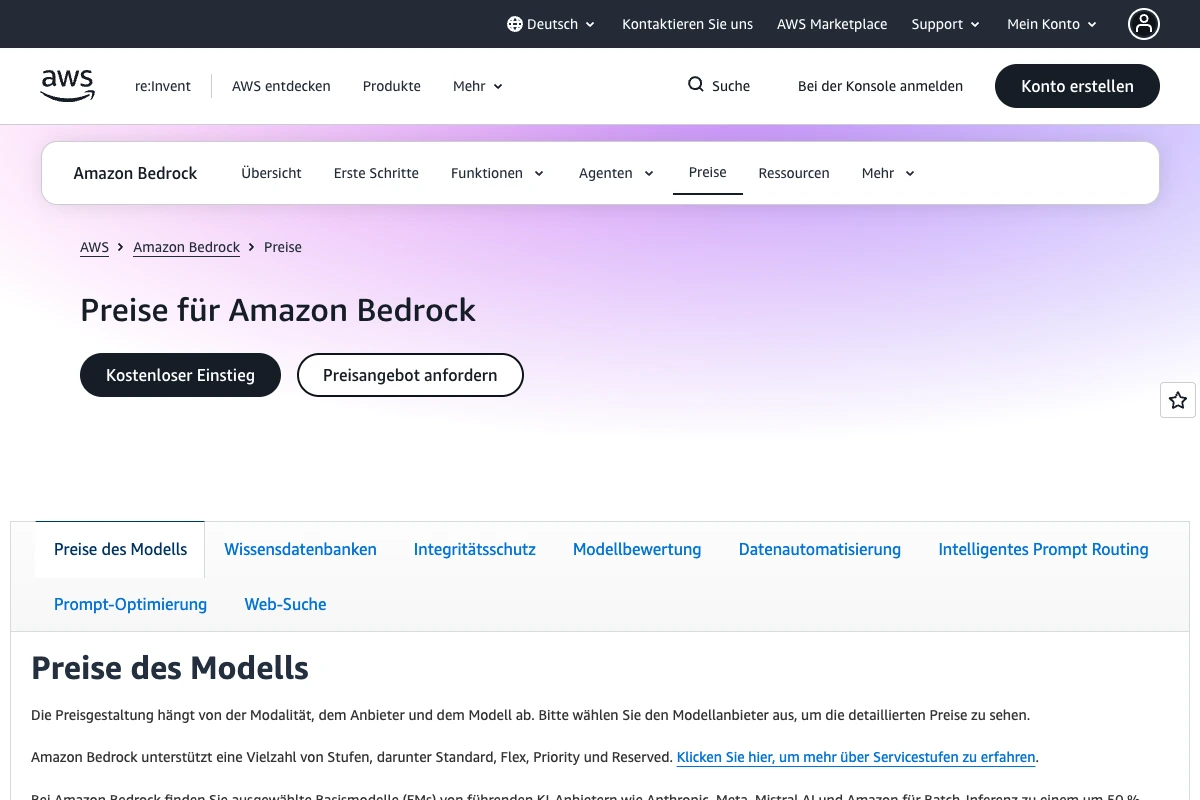 Preisseite von Amazon Bedrock mit den Preisen des Modells