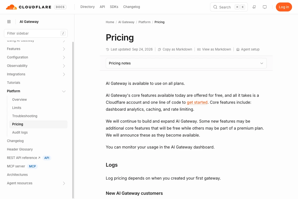 Preisseite des Cloudflare AI Gateway in der Cloudflare-Dokumentation