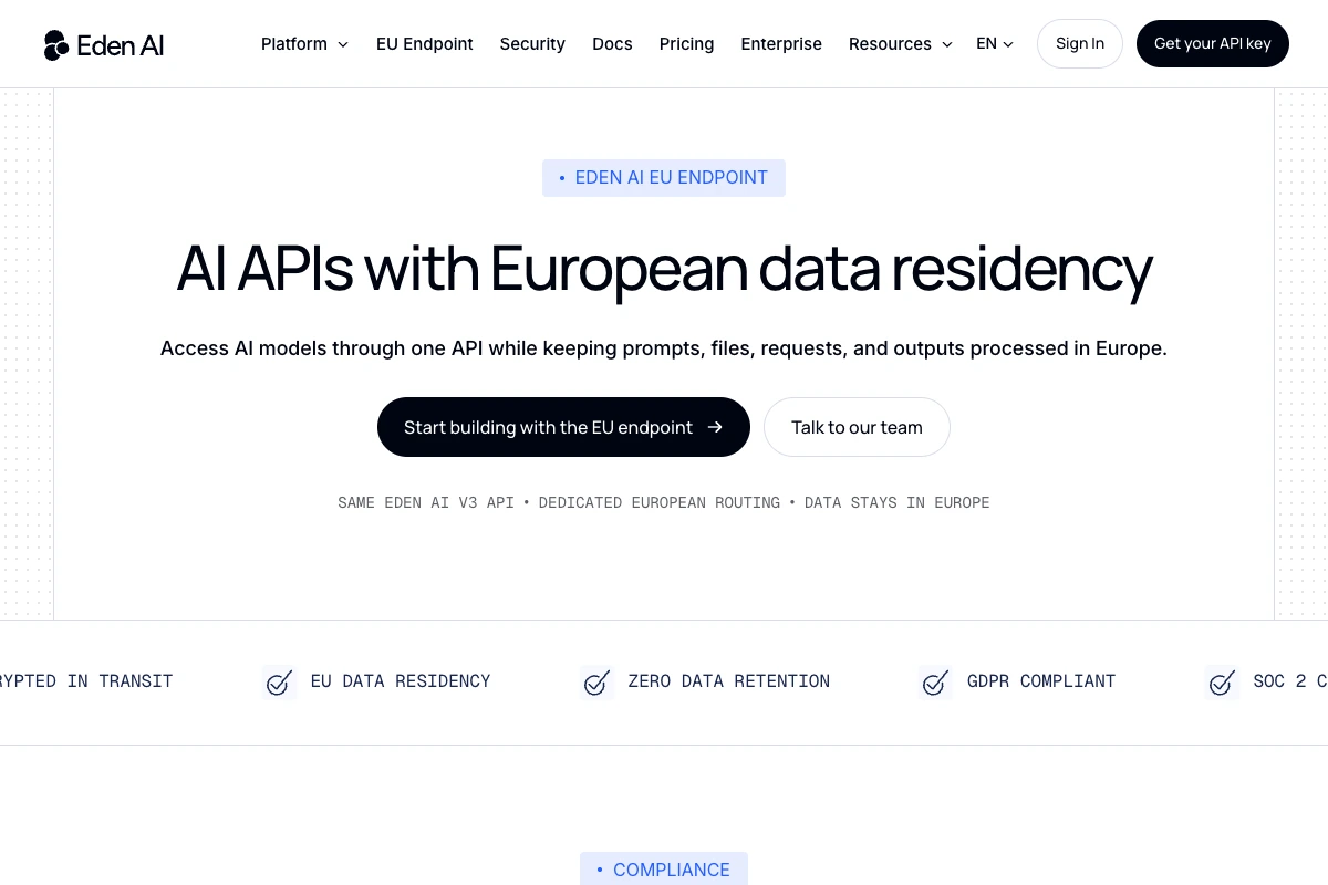 Seite von Eden AI zum europäischen Endpunkt mit Datenverarbeitung in Europa