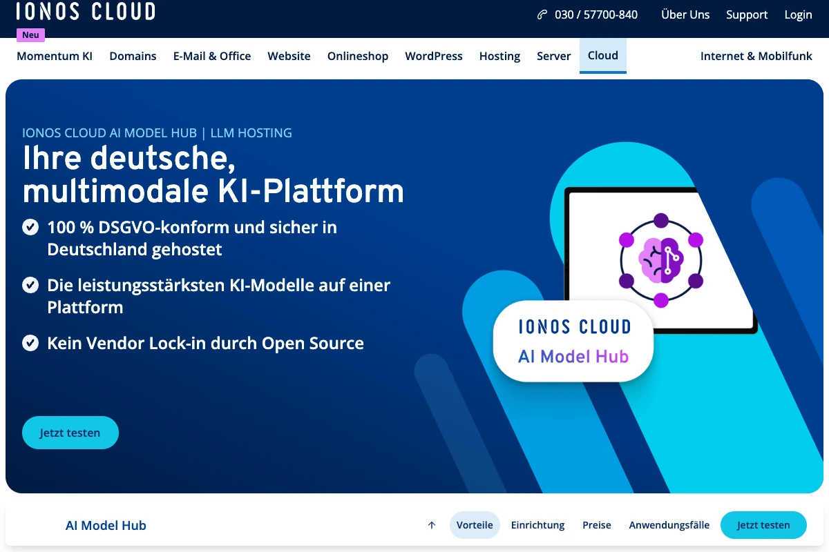 Produktseite des IONOS Cloud AI Model Hub mit deutscher KI-Plattform