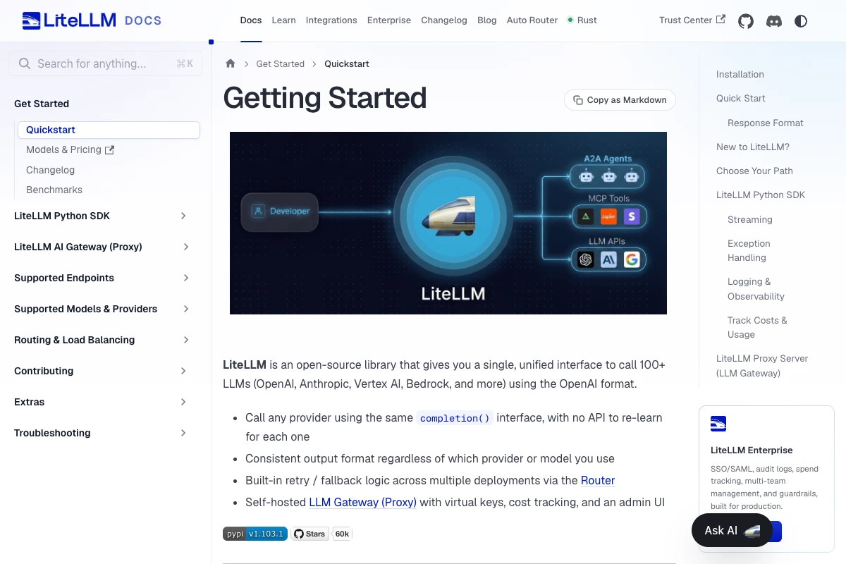 Startseite der LiteLLM-Dokumentation mit der Übersicht zu Python SDK und Proxy