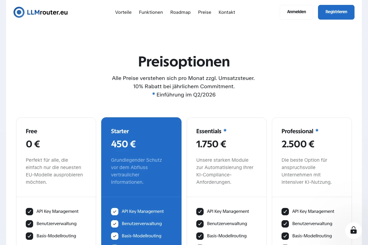 Startseite von LLMrouter.eu mit den vier Tarifen Free, Starter, Essentials und Professional