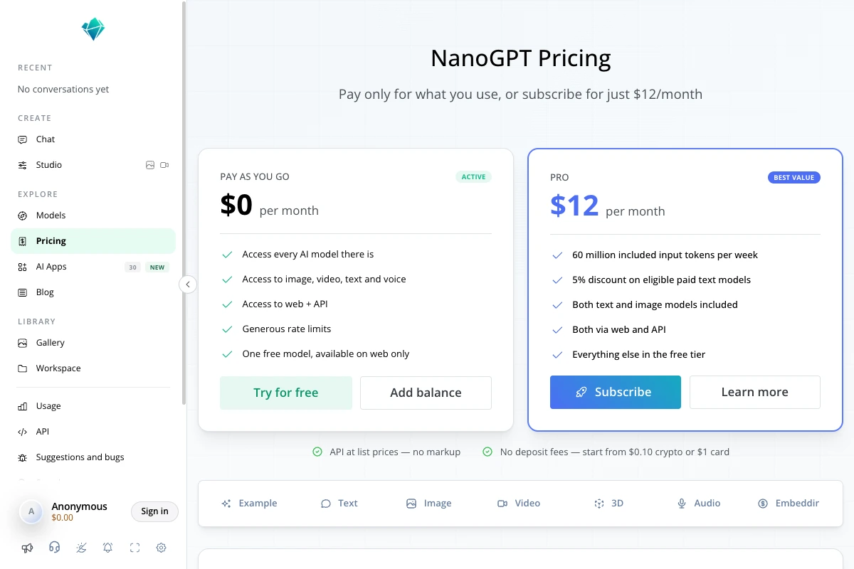 Preisseite von NanoGPT mit Pay as you go und dem Pro-Abo für 12 Dollar