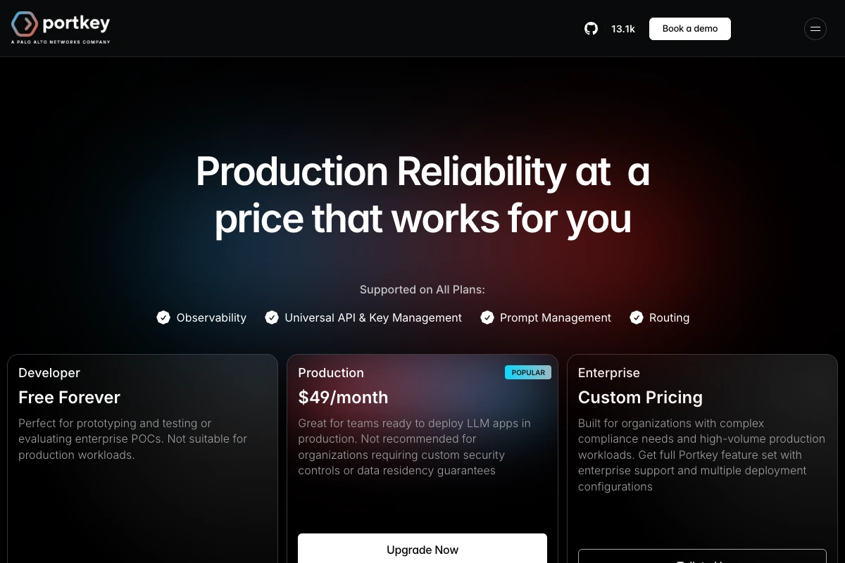 Preisseite von Portkey mit den Tarifen Developer, Production und Enterprise