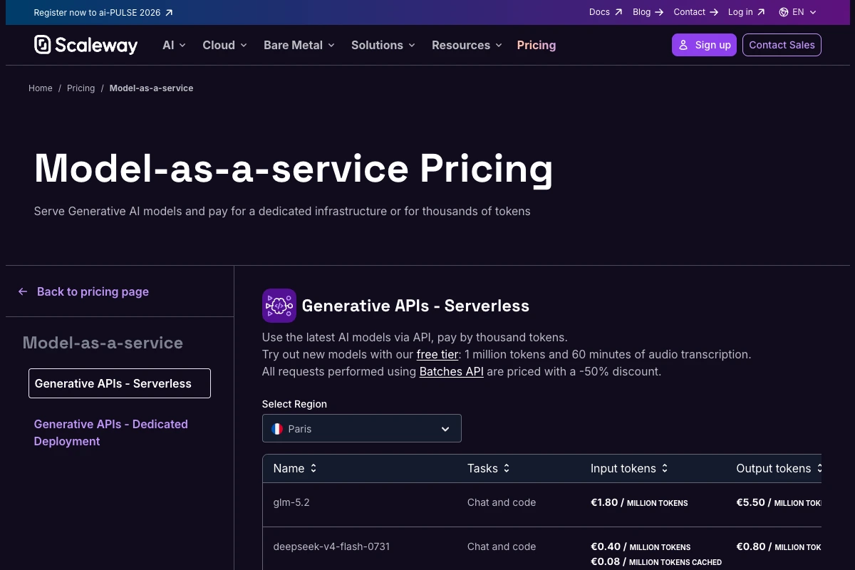 Preisseite von Scaleway für Generative APIs mit Preisen je Million Tokens