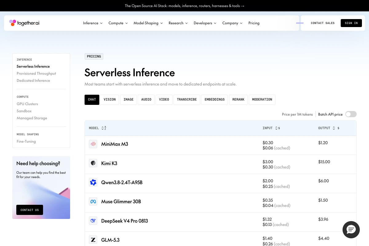Preisseite von Together AI mit Tokenpreisen für Serverless Inference
