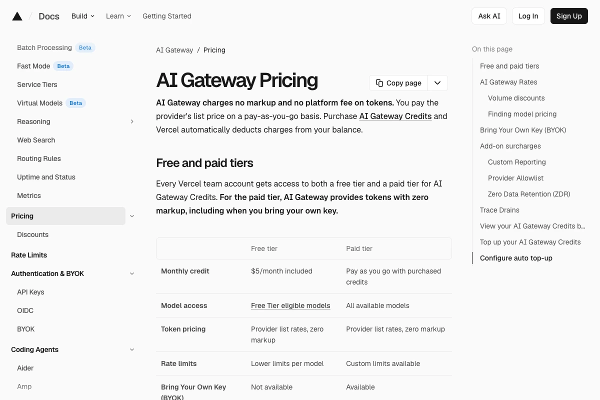 Preisseite des Vercel AI Gateway mit Free- und Paid-Tarif ohne Aufschlag auf Tokens