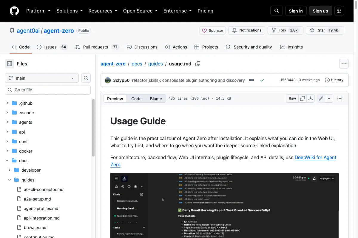 Agent Zero GitHub usage guide with a visible preview of the workspace interface.