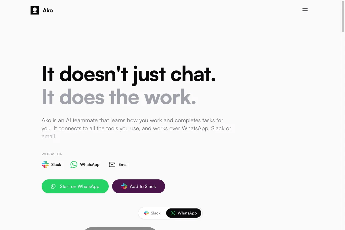 Ako homepage presenting an AI teammate for Slack, WhatsApp, and email.