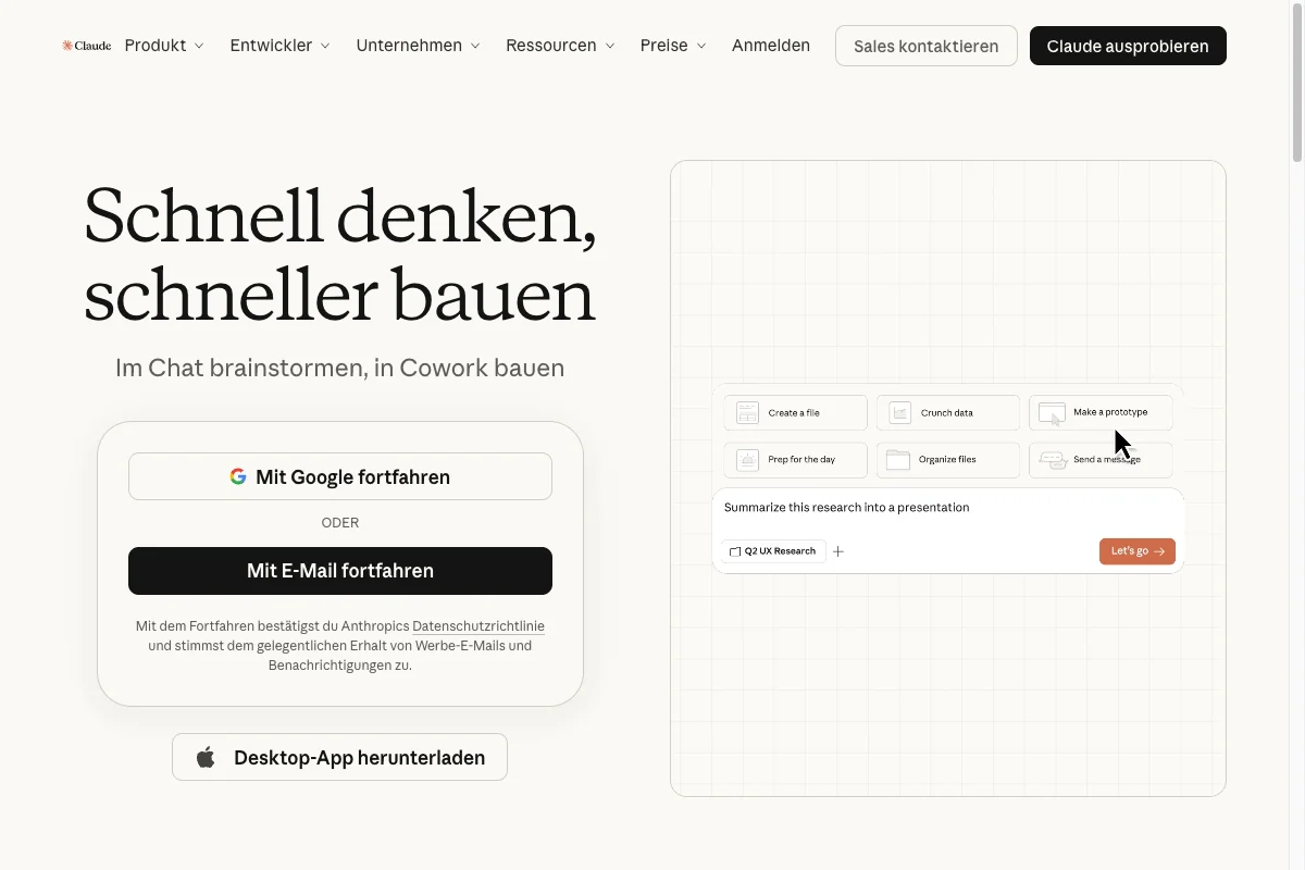 Claude homepage with sign-in and an introduction to the AI assistant.