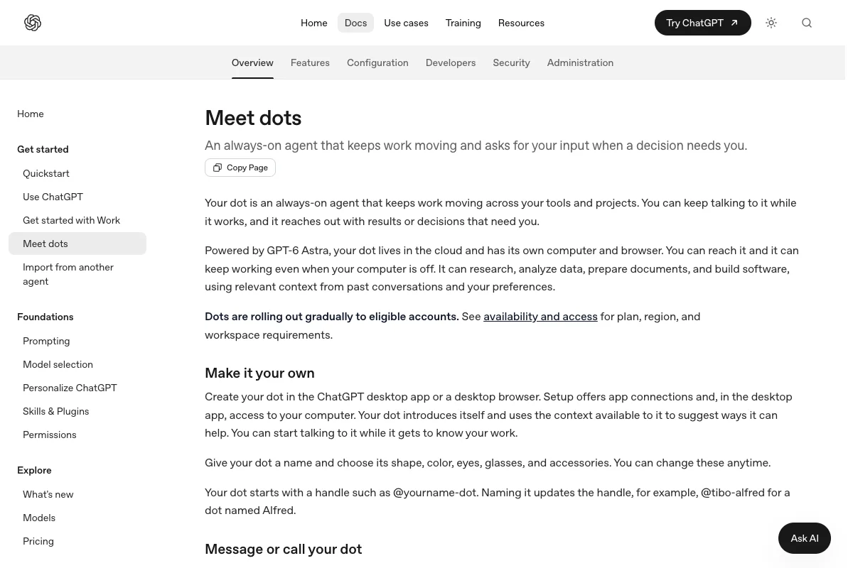 OpenAI documentation introducing Dot, its setup, and available ways of working.