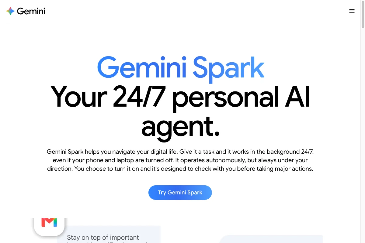 Gemini Spark product page with a preview of Google’s personal agent.