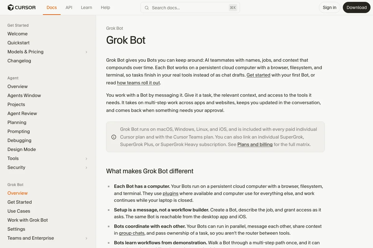 Cursor documentation for Grok Bot and its cloud computer.