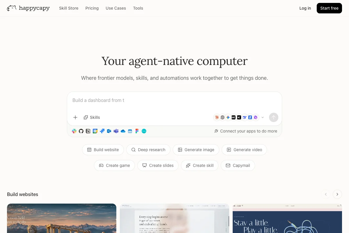 HappyCapy homepage showing the agent workspace, task field, skills, and connected apps.