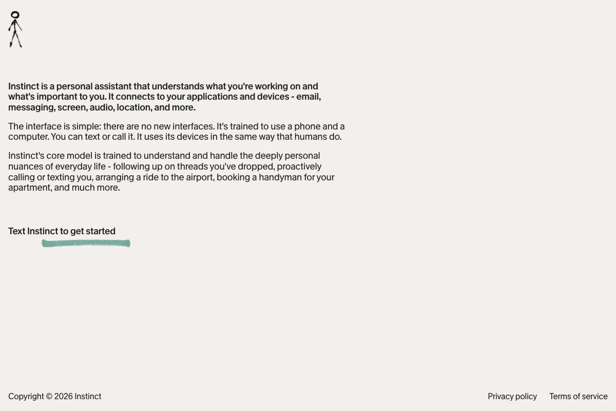 Instinct homepage introducing the personal AI assistant.