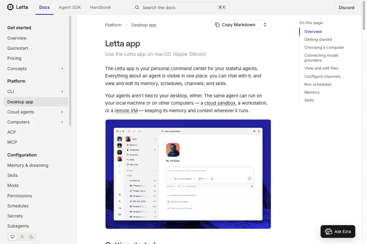 Letta documentation for the macOS app with a preview of chat, memory, and schedules.