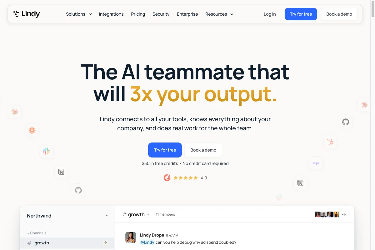 Lindy homepage introducing an AI teammate for recurring tasks.