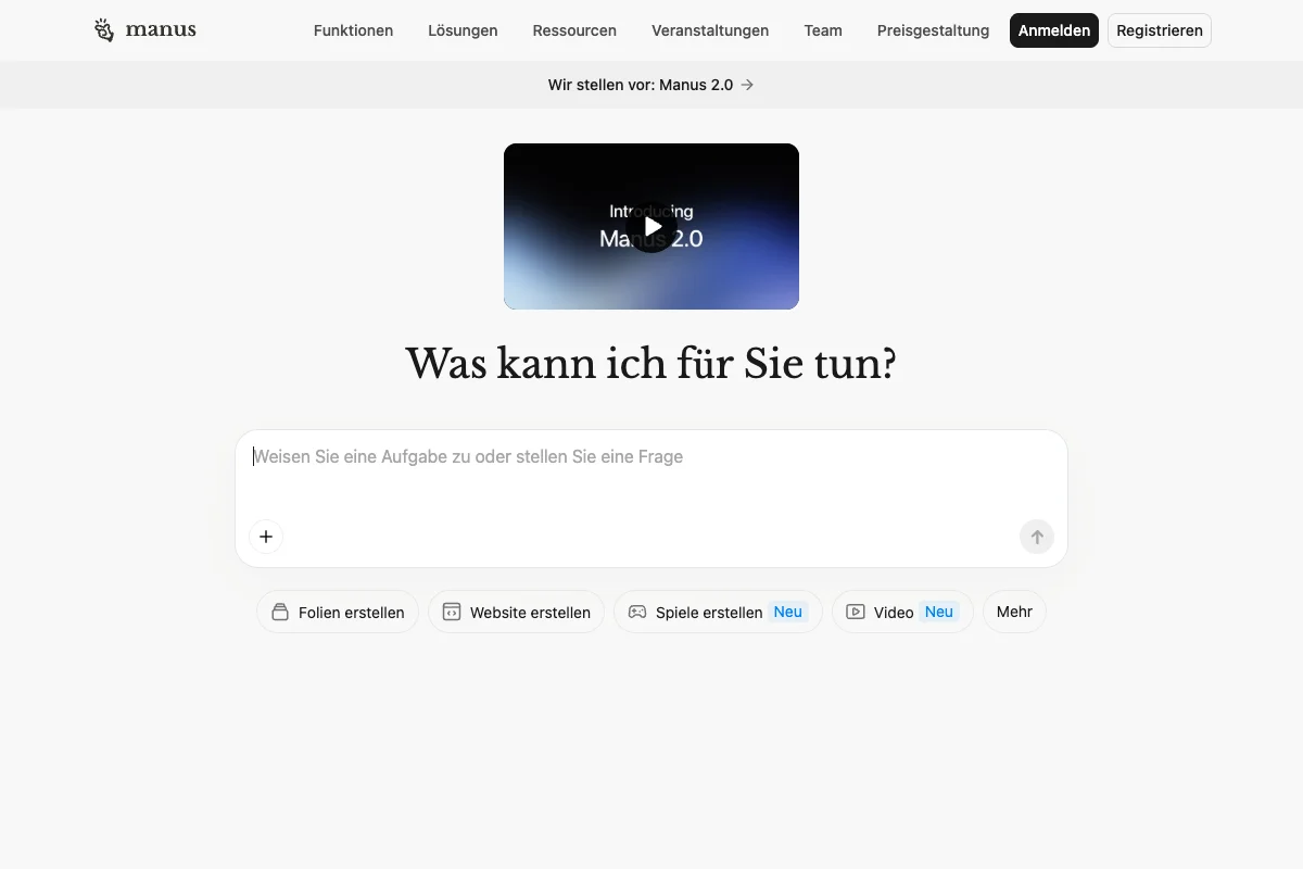 Manus homepage with a task field and a preview of Manus 2.0.