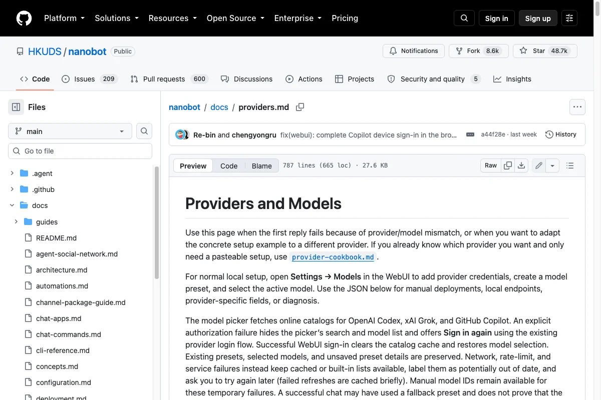 nanobot GitHub documentation for model providers and Web UI settings.