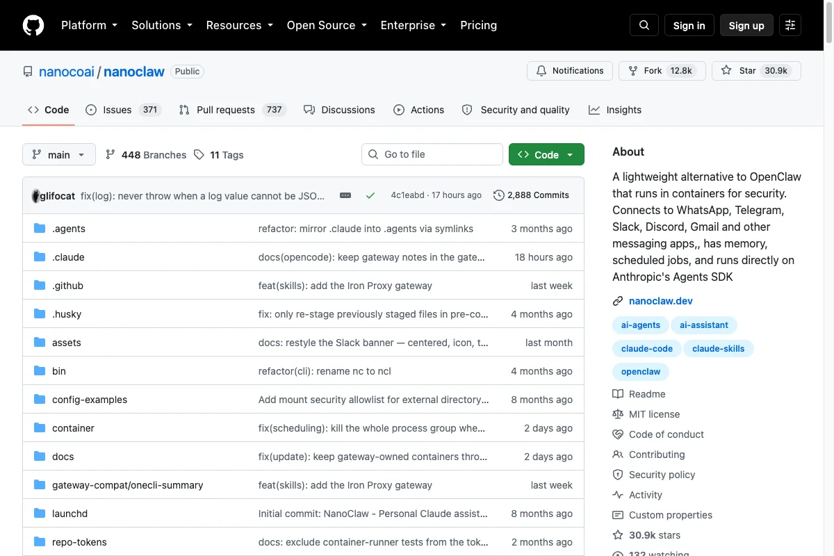 Public NanoClaw GitHub repository with project files and an agent architecture description.