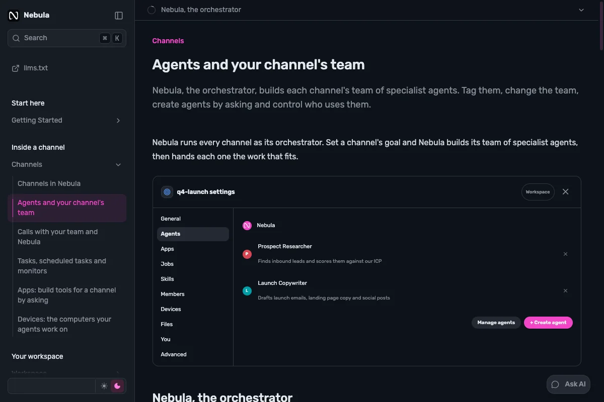 Dark Nebula documentation showing a channel and its team of specialist agents.