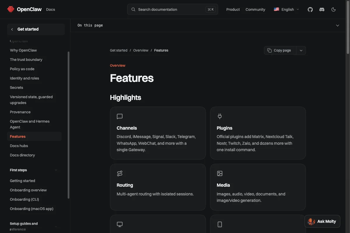 Dark OpenClaw documentation with feature cards for channels, plugins, routing, and media.