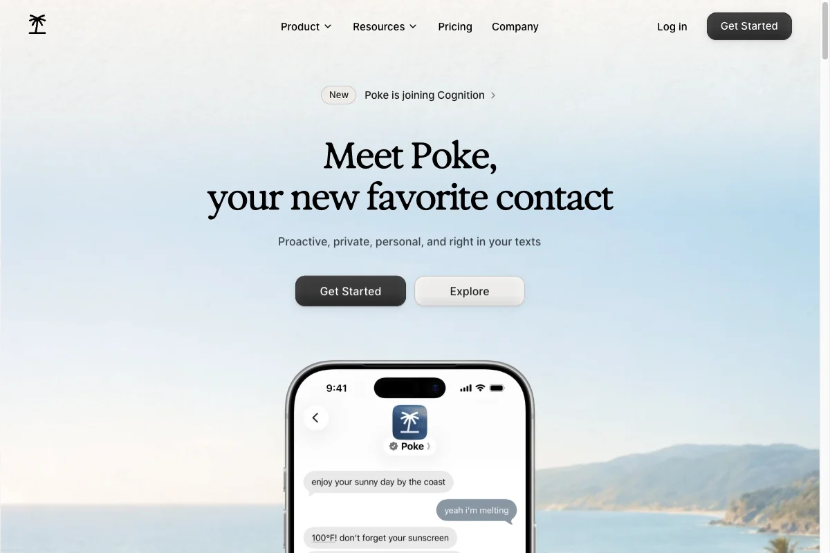 Poke homepage with a phone preview of the personal messaging assistant.