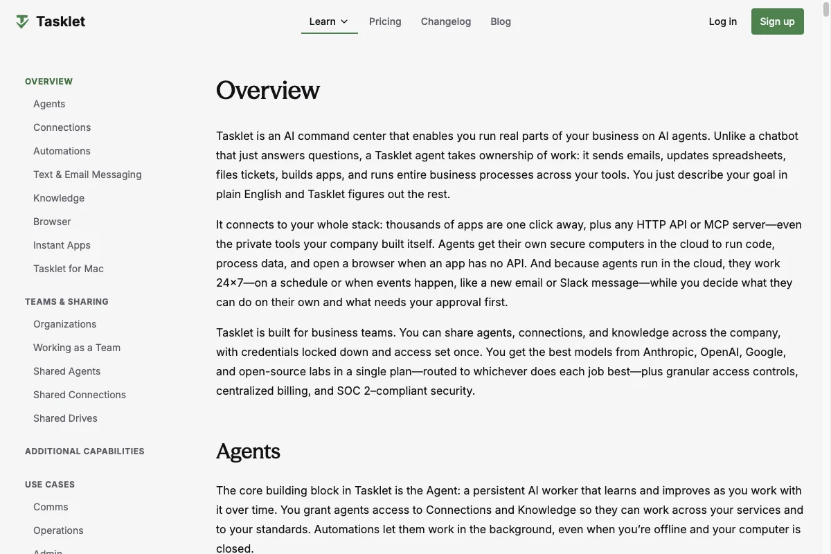 Tasklet documentation overview showing AI agents, connections, and automations.