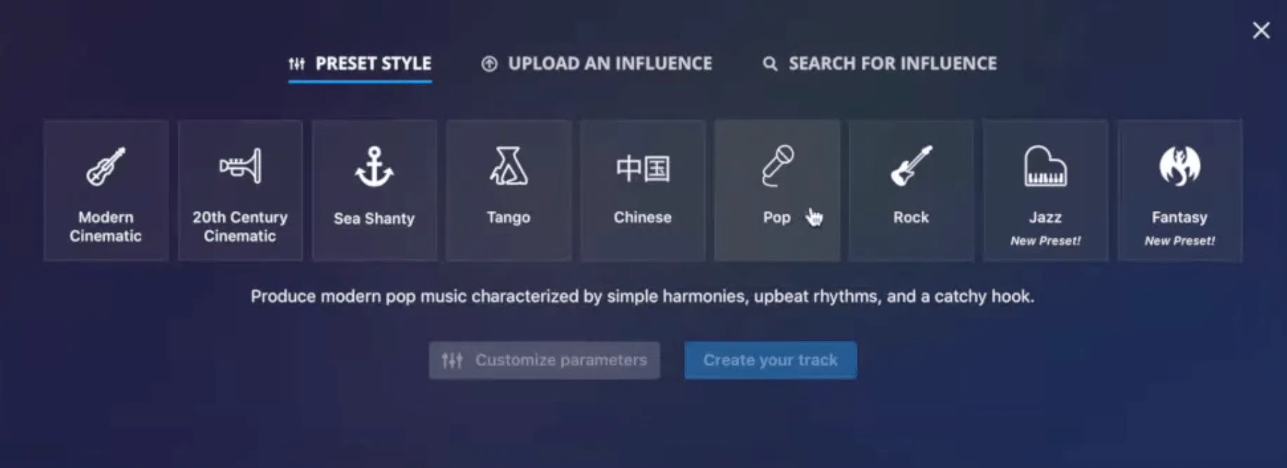 AIVA AI music generator preset selection for various music styles