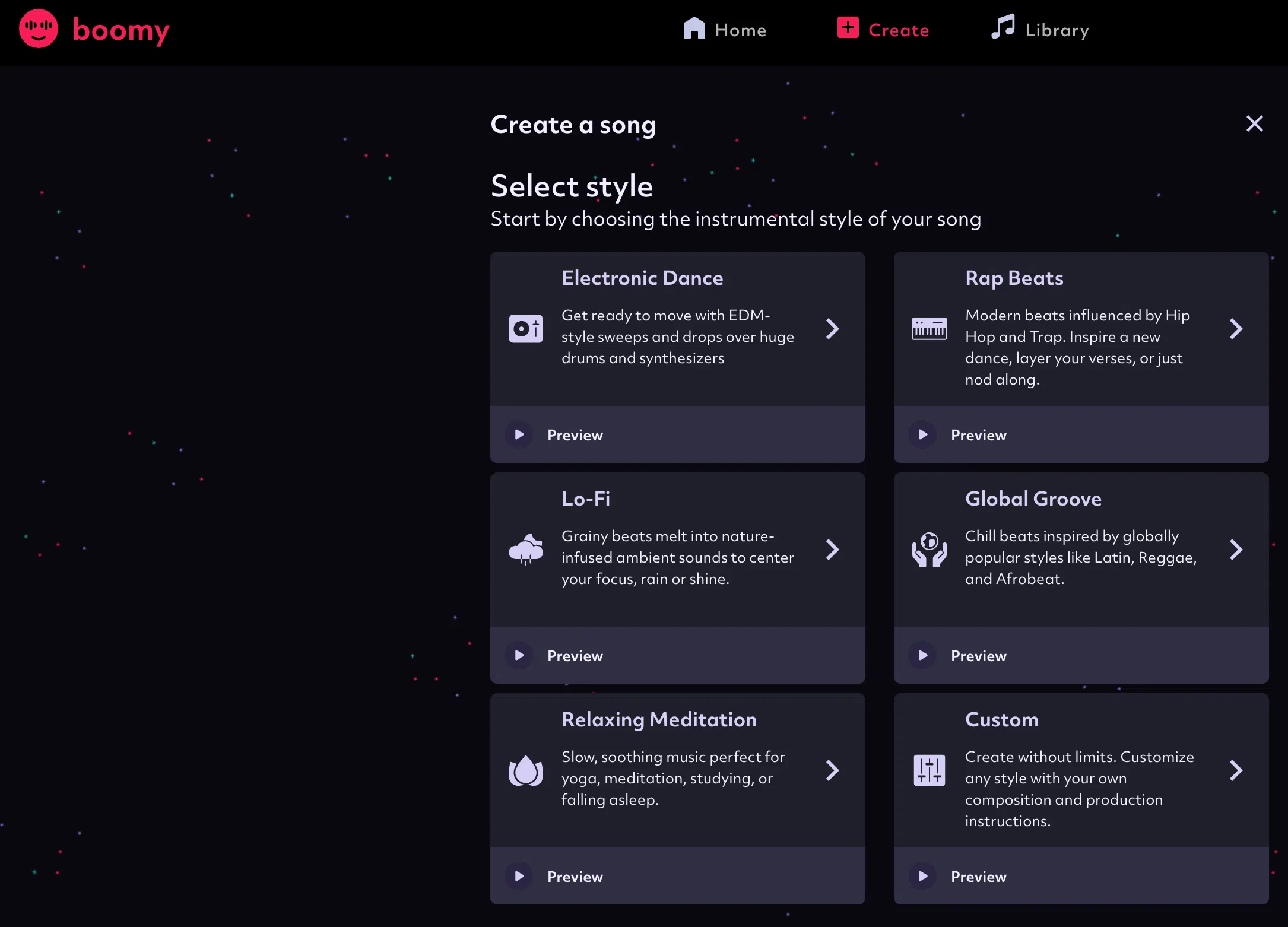 Boomy AI music generator category selection for music styles