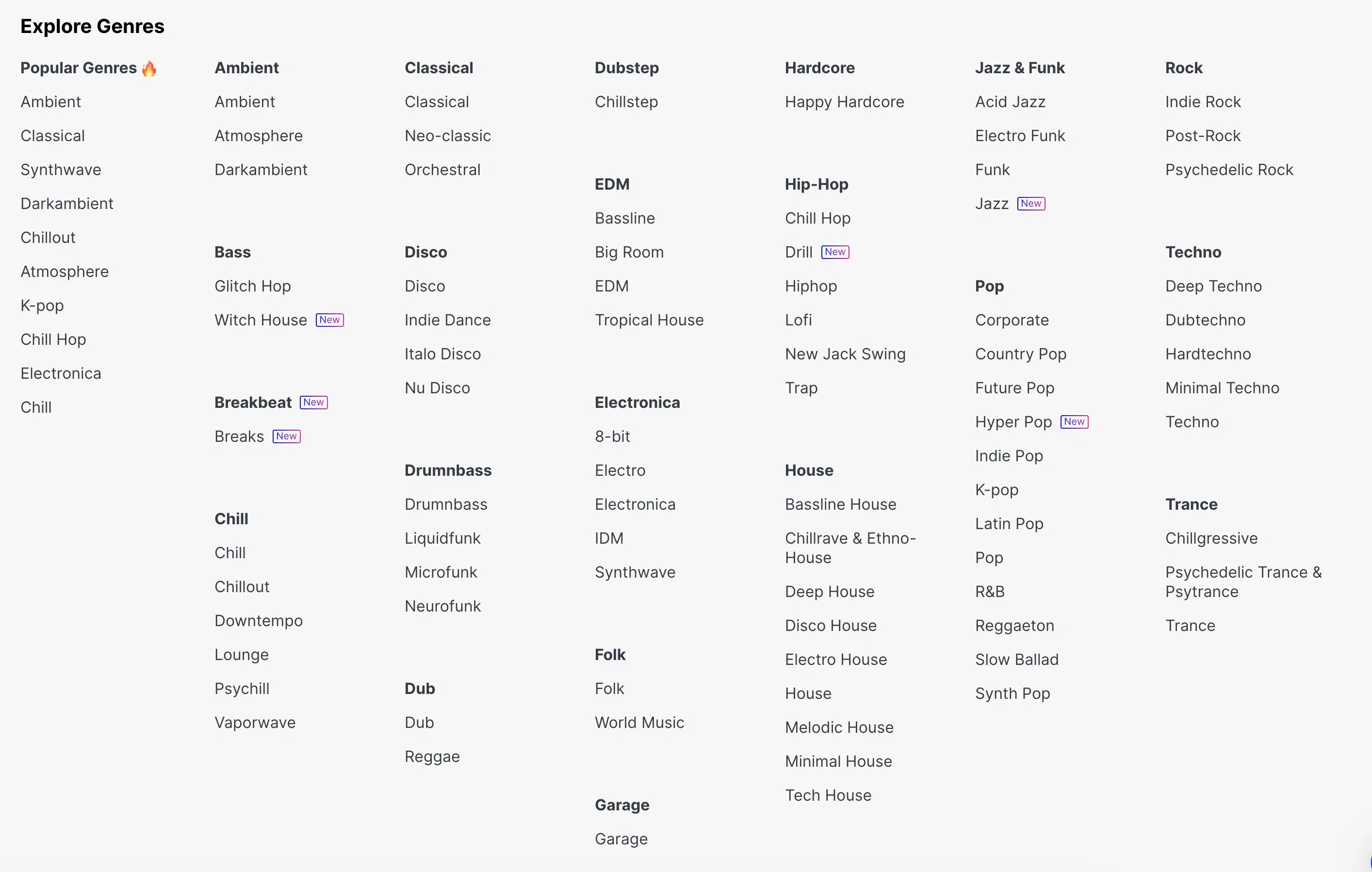 Mubert genre selection with more than 150 genres and moods