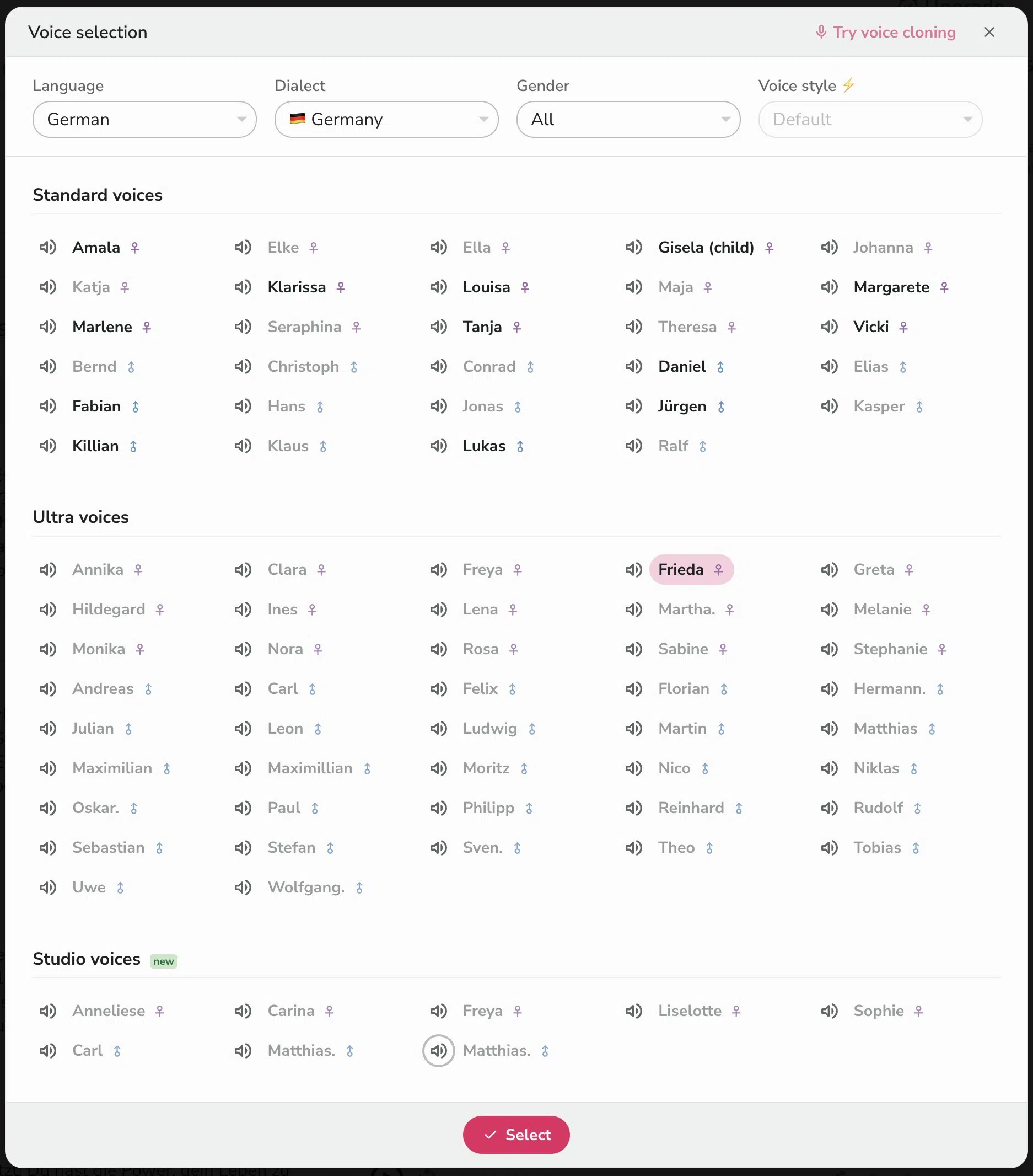 Fliki voice selection interface