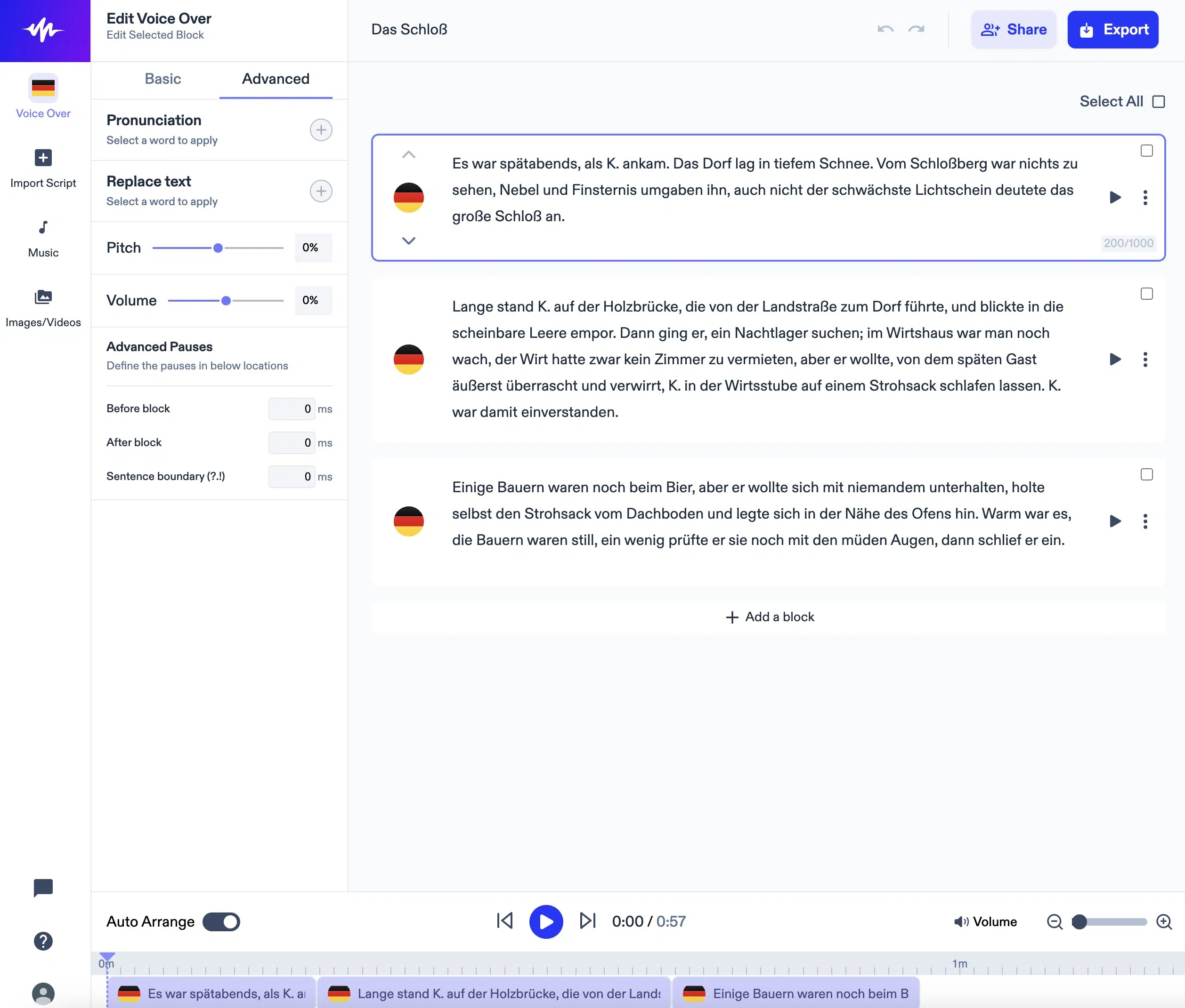Speechify voice-over editor with advanced customization options
